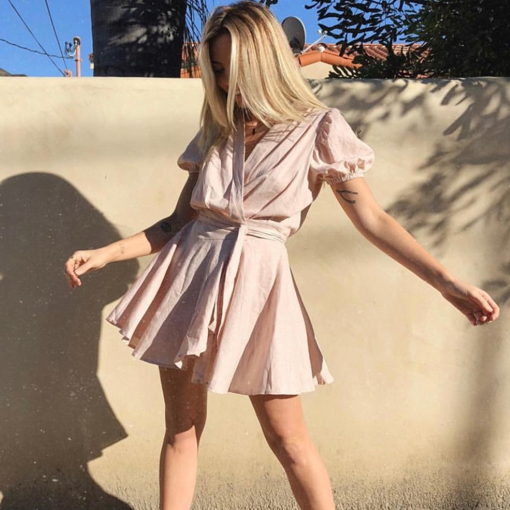 Verge Girl Blush Wrap Dress with Puff Sleeve